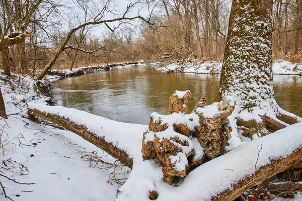 stock image Serene Winter River at Cooks Landing County Park, Indiana - A Gently Flowing River Amidst a Snowy Forest Landscape