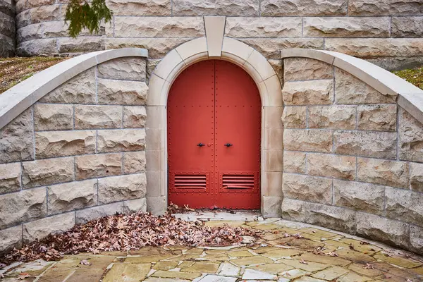 Gothic Red Door at Lindenwood Cemetery in Fort Wayne, Indiana, Symbolizing Entrance into History and Mystery