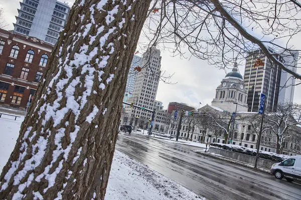 Winter Morning Downtown Fort Wayne Indiana Showcasing Resilience Urban Life — Stock Photo, Image