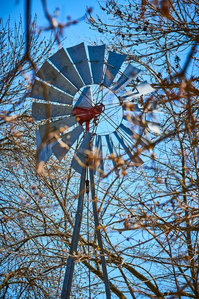 stock image Aging windmill framed by barren branches under a clear blue sky, symbolizing enduring rural charm.