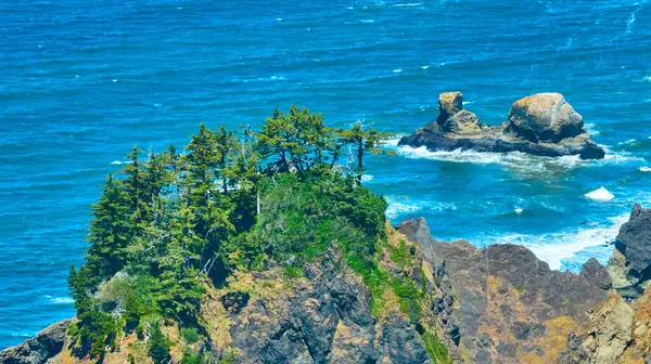 Brookings, Oregon 'daki Arch Rock' ın hava görüntüsü Samuel H. Boardman State Sahne Koridoru 'nun engebeli kıyı şeridi ve canlı mavi okyanusunu gözler önüne seriyor. Eko-turizmi veya çevreyi desteklemek için mükemmel.