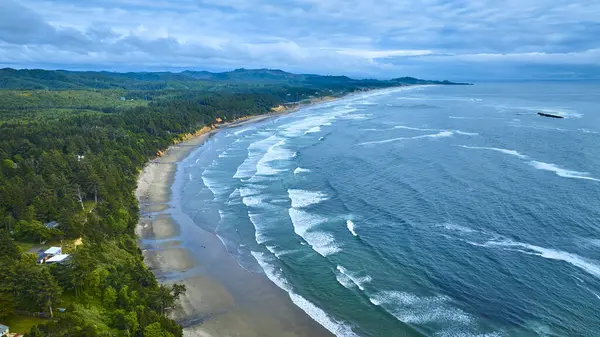 stock image Aerial view of Devils Punchbowl in Otter Rock, Oregon. Marvel at the rugged coastline where lush forests meet the rhythmic ocean waves, capturing the pristine beauty and tranquility of the Pacific