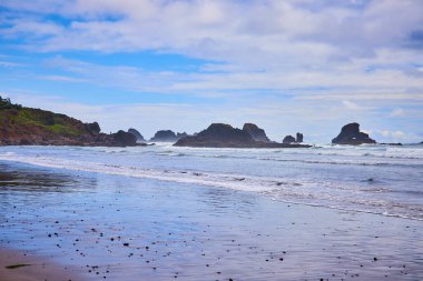 Indian Beach, Oregon 'daki sakin sahil sahnesi engebeli kaya oluşumları, yumuşak dalgalar ve yemyeşil yeşillikler sergiliyor. Doğal güzelliği, sükuneti ve dokunulmamış cazibeyi aktarmak için mükemmel.