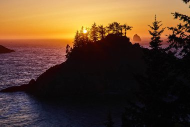 Samuel H. Boardman Eyalet Sahne Koridoru 'ndaki Arch Rock' ta altın saat büyüsü. Parlayan turuncu ve mor gökyüzüne karşı kozalaklı ağaçların silueti sakin ve görkemli bir sahil gün batımı sahnesi yaratır.