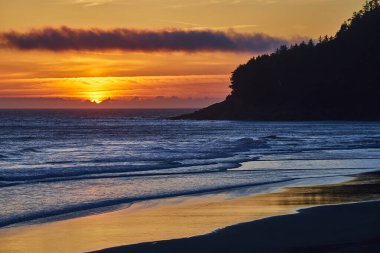 Meyers Creek Sahili, Oregon 'da nefes kesici bir gün batımı. Gökyüzü turuncu ve sarı renkli canlı renklerle parıldıyor, dingin dalgalar ve ıslak kumlara yansıyor. Dramatikliğe karşı bir orman burnu silueti