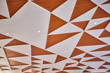 Minneapolis havaalanının karmaşık geometrik tavanı, beyaz ve ahşap tonlarını modern ve zarif bir görünüm için aralıklı ışıklandırmayla harmanlıyor. Çağdaş mimariyi ve sofistike mimariyi sergilemek için ideal.