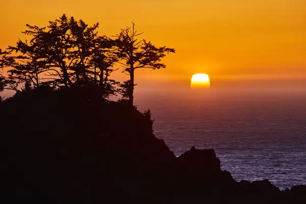 stock image Sunset over Arch Rock, Brookings, Oregon in Samuel H. Boardman State Scenic Corridor. Fiery hues illuminate the sky, silhouetting coniferous trees and rugged cliffs. Perfect for travel and nature
