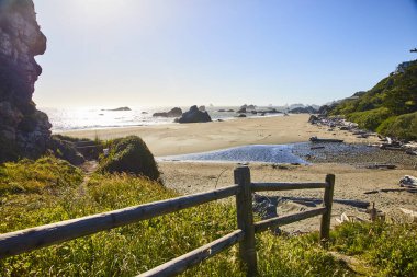 Serene beach scene at Harris Beach State Park, Oregon. A sandy pathway bordered with greenery and a rustic fence leads to a tranquil coastline, with sparkling waves and rock formations under a clear clipart