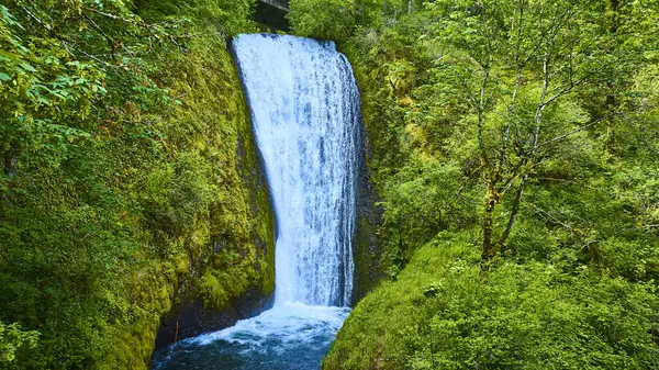 stock image Majestic Bridal Veil Falls cascades down a lush, green cliff in Oregons Columbia Gorge. A serene aerial view of this powerful waterfall surrounded by dense forest, perfect for travel or nature-themed