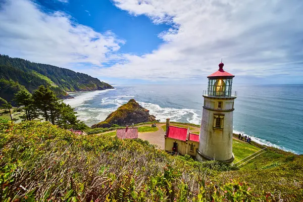 stock image Majestic Heceta Head Lighthouse in Florence, Oregon, overlooks the rugged Pacific Northwest coastline, surrounded by lush greenery and wildflowers, standing tall as a beacon of history and natural