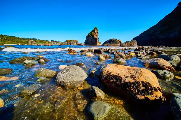 Oregon 'daki Harris Beach Eyalet Parkı' nda sakin bir sahil manzarası. Engebeli kayalar, arka planda dramatik deniz yığınları ve uçurumlarla birlikte gelgit suları boyunca dağılır. Seyahat, doğa ve...