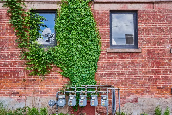 stock image Lush green ivy envelops a window on a red brick building in downtown Huntington, Indiana. Nearby, a cluster of utility gas meters adds an industrial touch, highlighting the balance between nature and