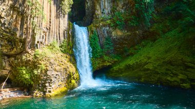 Clearwater, Oregon 'daki Toketee Falls' un hava manzarası: yemyeşil bitki örtüsü ve çarpan kayalıklarla çevrili zümrüt bir havuza dökülen çarpıcı bir şelale. Eko-turizm, seyahat ve...