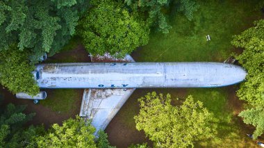 Oregon ormanında terk edilmiş bir uçak yukarıdan görülüyor. Solmuş ticari jet yanında OLY ile tenha bir açıklıkta oturuyor, insan yapımı yapıların güçlü ıslah yapısını gösteriyor..