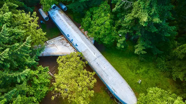 stock image Aerial view of an abandoned airplane in lush Oregon forest near Portland. The scene captures the stark contrast between man-made technology and natures resilience. Perfect for environmental or