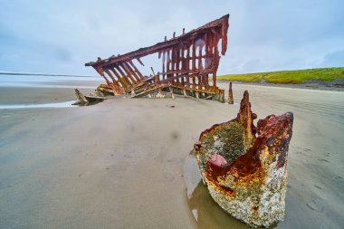 Peter Iredale gemi enkazının paslı kalıntıları Oregon 'daki ıssız Hammond plajında dimdik ayakta duruyor. Bulutlu bir gökyüzüne karşı, bu unutulmaz sahne çarpıcı bir şekilde tarihi, çürümeyi ve direncini yakalar.