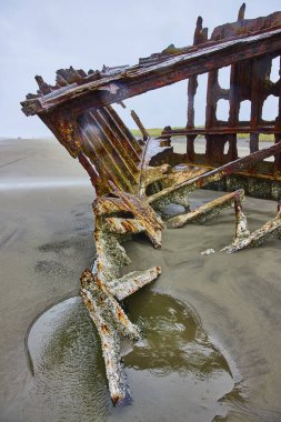 Hammond, Oregon 'da ıssız bir sahilde, Peter Iredale' in gemi enkazının paslı kalıntıları. Çürüyen metal ve gri gökyüzü, çürüme, doğa ve dayanıklılık temaları için mükemmel olan tarihi ve terk edilmeyi çağrıştırıyor.