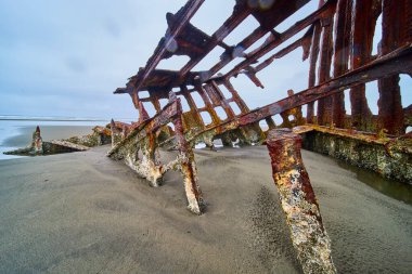 Hammond, Oregon 'da ıssız bir sahilde Peter Iredale' in gemi enkazının paslı kalıntıları. Çürümüş demir kirişleri bulutlu bir gökyüzüne sert bir şekilde çarpar çürüme, tarih ve doğa temalarını yakalar.