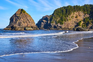 Samuel H. Boardman Eyalet Sahili Koridoru, Brookings, Oregon 'daki Whaleshead Sahili' nde sakin bir sahil sahnesi. Belirgin kaya oluşumları denizden yükselir, yemyeşil ve nazikçe sarmaş dolaş.
