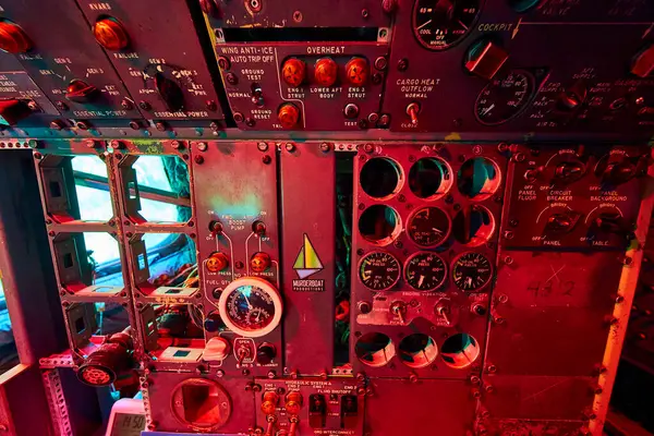 stock image Step into the intricate world of aviation with this vivid close-up of an aircraft cockpit in Portland, Oregon. The glowing red and pink control panel highlights the precision and expertise required in