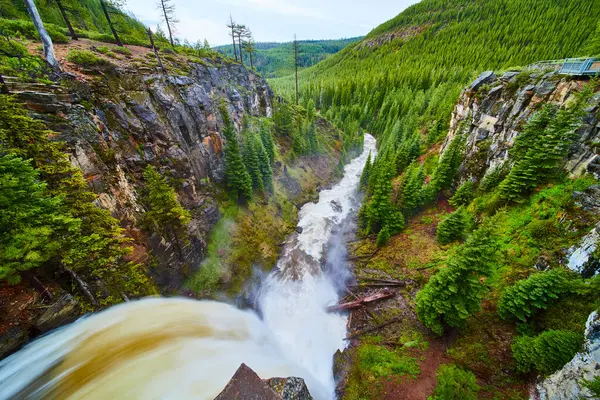 stock image Majestic Tumalo Falls cascades through the rugged cliffs and verdant forests of Deschutes National Forest, Oregon. Captured from above, this dramatic landscape evokes adventure and natures raw power.