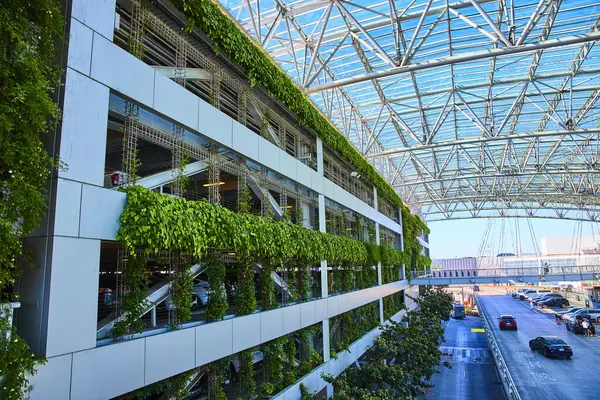 stock image Eco-friendly multi-story parking garage in Portland, Oregon, featuring lush vertical gardens under a stunning glass and metal roof. A perfect blend of urban design, sustainability, and natural beauty.