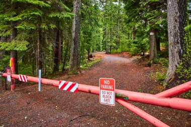 Oregon Deschutes Ulusal Ormanı 'ndaki çakıllı bir yolun girişine park yasağı olan bariyer kapısı levhası koymayın. Uzun kozalaklı ağaçlar yol boyunca uzanır, bağlılığı vurgular.