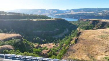 Oregonlar 'daki Rowena Tepesi' nin üzerinden havadan uçmak Columbia Boğazı 'nda engebeli uçurumların arasından geçen beyaz bir arabanın yeşil ve altın rengi dramatik doğal güzelliği arttırdığını gösteriyor.