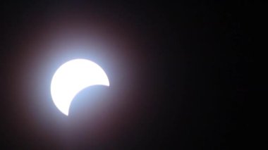 Sabit çekim: Spiceland, Indiana 'da yakalanan bu video dramatik bir güneş tutulması gösteriyor. Güneş ay tarafından kısmen gizlenmiş. Karanlık gökyüzüne karşı çarpıcı bir kontrastlık yaratıyor.