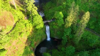 Tilt Shot: Oregons Columbia Boğazı 'ndaki Multnomah Şelalesi' nin havadan görüntüsü. Köprüdeki ziyaretçiler, şelalenin yemyeşil kayalıklardan aşağı düşüşünü, altın güneş ışığıyla aydınlanışını, dinginliği ve...