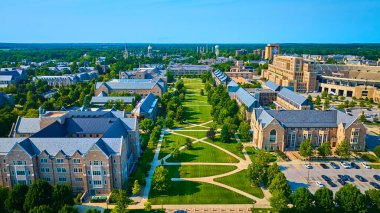 South Bend, Indiana 'daki Notre Dame Üniversitesi kampüsünün hava manzarası. Simetrik planda yemyeşil alanlar, görkemli taş binalar ve açık mavi gökyüzünün altındaki spor tesisleri yer alıyor.