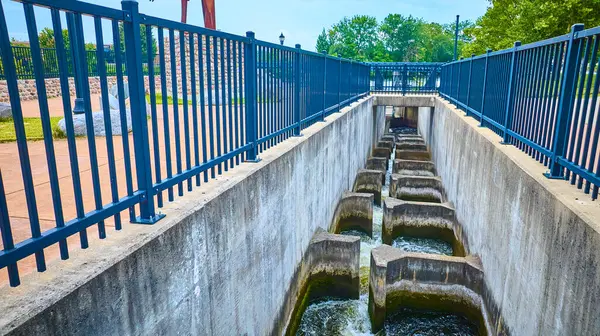 stock image Serene aerial view of a fish ladder in Mishawaka Indiana. Featuring sturdy blue railings, landscaped walkways, and mature trees, this urban water management structure showcases public infrastructure