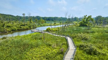 Michigan 'daki Galien River İlçe Parkı' nda dolambaçlı bir tahta yolun hava manzarası sakin bir nehir ve canlı yeşillik doğa severler ve açık hava için mükemmel bir kaçış yaratır.