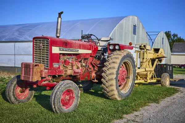 Klasik bir kırmızı Farmall 656 traktörü yeşil çimlerin üzerinde duruyor açık mavi Indiana gökyüzünün altındaki iki büyük seranın önünde geleneksel çiftlik hayatını modern tarım hayatıyla harmanlıyor.