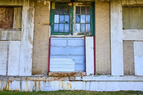 stock image Explore urban decay in Toledo, Ohio, with this striking image of an abandoned building facade. Peeling paint and mismatched panels tell stories of history, neglect, and timeless resilience.