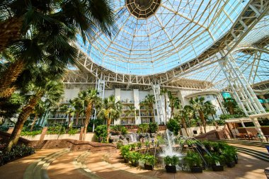 Experience the lush tropical paradise of Gaylord Opryland atrium in Nashville. Sunlight streams through a grand glass ceiling, illuminating palm trees and a tranquil fountain for ultimate relaxation.