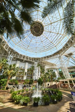 Explore the tropical oasis beneath the stunning glass dome at Gaylord Opryland, Nashville. A serene escape with lush greenery and a central fountain inviting relaxation and social gatherings.