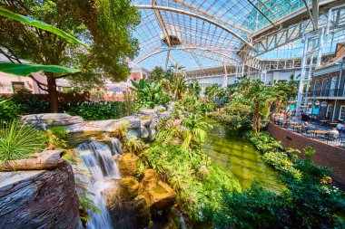 Escape to tranquility at Gaylord Opryland in Nashville. Experience a lush indoor garden with a stunning waterfall, vibrant tropical plants, and sunlight-drenched serenity under a majestic glass roof.