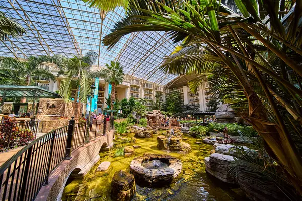 Experience tranquility at the Gaylord Opryland Resort in Nashville. Wander through a lush tropical conservatory under a vast glass ceiling, where vibrant greenery and serene streams create a luxurious