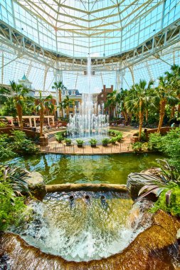 Experience tranquility at Gaylord Opryland in Nashville. Revel in the stunning indoor garden with a majestic fountain, lush tropical plants, and elegant architecture under a vast glass dome.