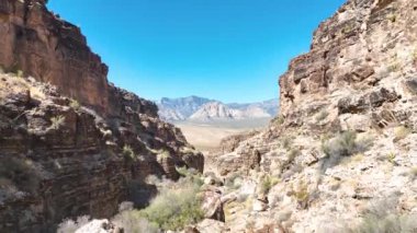 Kovboy Kanyonu, Las Vegas 'ın ihtişamını keşfedin. Havadan bakıldığında açık mavi gökyüzünün altında yükselen kanyon duvarları ve geniş çöl manzarası görülüyor. Macera ve seyahat için mükemmel.