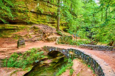 Hocking Hills, Ohio 'nun manzaralı güzelliğini keşfedin. Tarihi taş köprüyü geçerken Eski Mans Mağara Yolu 'nda dinginliği keşfedin. Sonbahar yeşillikleri ve sakin orman çevresi arasında..