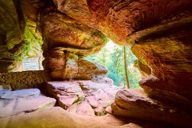 Hocking Hills, Ohio 'daki büyüleyici Kaya Evi mağarasını keşfedin. Canlı kumtaşı dokuları ve bereketli yeşillik, davetkar macera ve huzur dolu yalnızlıkla doğaya dalmak..