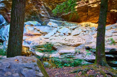 Explore the peaceful beauty of Hocking Hills, Ohio on the Old Mans Cave Trail. Enjoy the autumn hues, textured rocks, and moss-covered paths. Perfect for hiking and connecting with nature. clipart