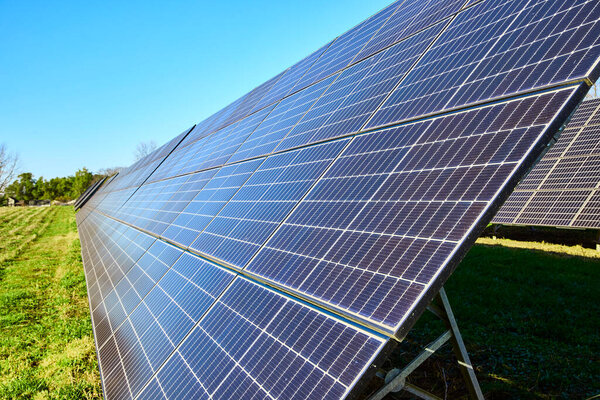 Solar panels in a vibrant Indiana field soak up the sun under a clear blue sky. This scene embodies the promise of renewable energy and sustainability in Waterloo, United States.