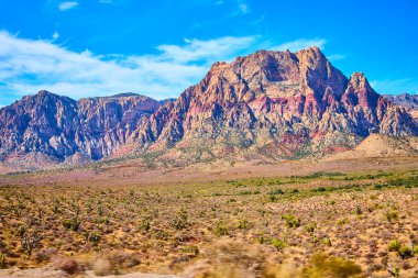 Nevada 'daki Red Rock Kanyonu' nun canlı renklerinin tadını çıkarın. Görkemli kumtaşı kayalıkları, parlak mavi gökyüzünün altında Joshua ağaçlarıyla benekli sakin bir çöl manzarasının üzerinde kule gibi. Macera arayanlar için mükemmel..