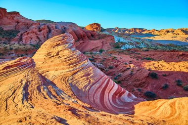 Nevada Valley of Fire State Park 'taki Ateş Dalgası oluşumunda altın saat ışığı altında canlı kumtaşı dalgaları parlıyor. Renklerin ve doğanın büyüleyici dansını tecrübe edin..