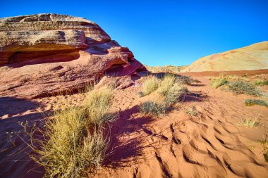 Explore the breathtaking Valley of Fire in Moapa Valley, Nevada. Marvel at vibrant red rock formations and sparse desert flora under a clear blue sky in this captivating desert landscape. clipart