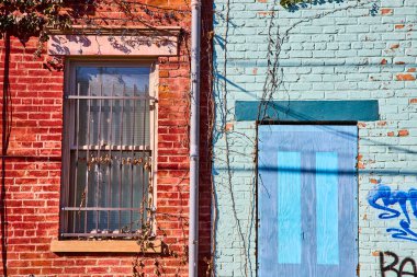 Urban contrast in Cincinnati Over-The-Rhine District: red bricks with barred window vs. blue bricks featuring graffiti. A scene of decay and resilience under the afternoon sun.