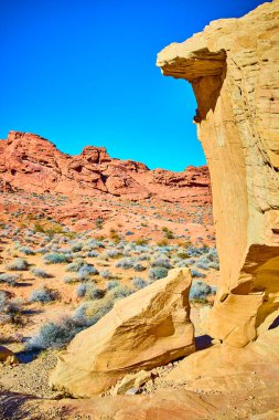 Nevada, Ateş Vadisi 'nin engebeli güzelliğini tecrübe edin. Güneş ışığıyla aydınlanan kaya oluşumları, canlı mavi gökyüzüne karşı duruyor. Amerika 'nın güneybatı çöl manzarasının enginliğini ve yalnızlığını somutlaştırıyorlar..